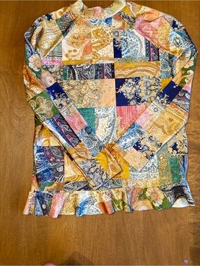 Zimmermann girl’s Blue and Gold Paisley Patchwork rashguard